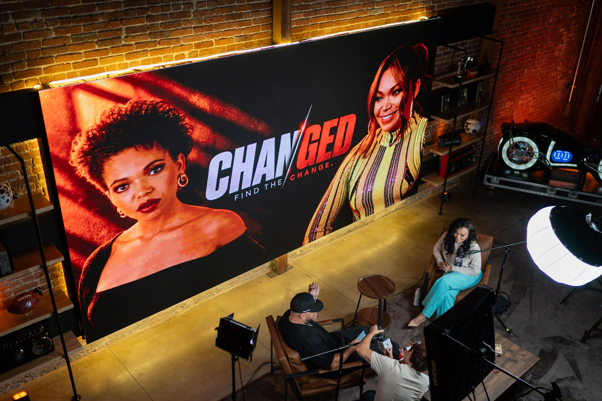 Overhead view of a CHANGED conversation and studio screens