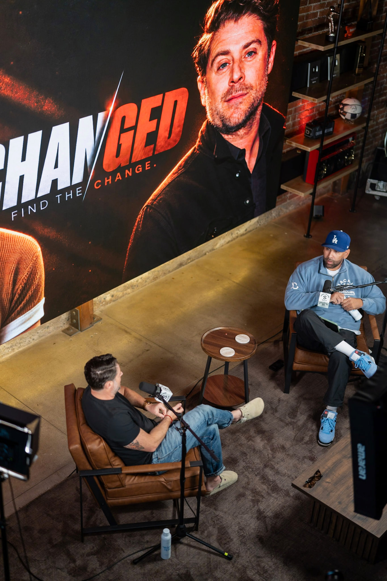 Elevated view of Brian and a guest recording CHANGED